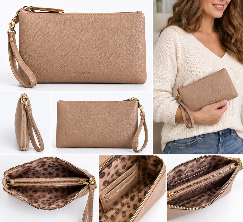 Taupe Pebbled Wristlet Wallet with Gold-Tone Hardware & Leopard Print Interior